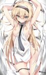  1girl absurdres ahoge angel_wings armpits arms_up blonde_hair blue_eyes blush breasts chain hairband highres long_hair necktie nipples original pussy_juice solo toshizou_(0714) wings 