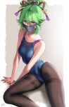  1girl arm_support bangs bare_arms black_mask blue_swimsuit breasts brown_legwear collarbone eyebrows_visible_through_hair genshin_impact green_hair hair_between_eyes highleg highleg_swimsuit highres kuki_shinobu looking_at_viewer mask medium_breasts mouth_mask one-piece_swimsuit pantyhose pantyhose_under_swimsuit ponytail purple_eyes purple_rope rope ryudraw sidelocks sitting solo swimsuit thighband_pantyhose thighs two-tone_background two-tone_swimsuit 