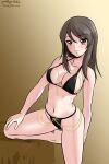  1girl artist_name bangs bare_arms bare_legs barefoot bikini black_bikini blush breasts brown_eyes brown_hair cleavage closed_mouth collarbone eyebrows_visible_through_hair girls_und_panzer hair_between_eyes large_breasts long_hair matsui_yasutsugu mika_(girls_und_panzer) navel sideboob smile solo straight_hair swimsuit 