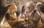  1boy 1girl alcohol animal_ears arknights bishounen black_gloves blue_necktie degenbrecher_(arknights) fox_boy fox_ears fox_tail gloves hand_up highres necktie pienahenggou shirt silverash_(arknights) sitting table tail talking whiskey white_hair white_shirt 