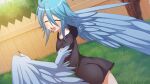  1girl ahoge artist_request ass black_dress blue_hair blue_wings blush breasts closed_eyes dress eyebrows_visible_through_hair feathered_wings feathers fence game_cg grass hair_between_eyes harpy medium_hair monster_girl monster_musume_no_iru_nichijou monster_musume_no_iru_nichijou_online official_alternate_costume official_art open_mouth outdoors papi_(monster_musume) small_breasts solo tree winged_arms wings 