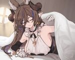  1girl animal_ears bangs bare_shoulders bed_sheet black_dress black_legwear blush breasts brown_hair closed_eyes detached_sleeves dress dutch_angle elbow_gloves extra_ears galleon_(granblue_fantasy) gloves granblue_fantasy hayabusa horns indoors jewelry large_breasts lifting_covers long_hair lying necklace on_bed on_stomach pointy_ears revision sideboob smile solo under_covers very_long_hair white_gloves 