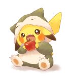  animal animal_focus apple brown_eyes commentary_request cosplay cosplay_pikachu food fruit highres holding holding_food holding_fruit hood hood_up looking_at_object misonikomiii no_humans open_mouth pikachu pokemon shadow simple_background sitting snorlax teeth upper_teeth white_background 