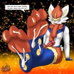  2022 3_toes absurd_res anthro barefoot berk_rider bodily_fluids cinderace clothing cum cum_on_feet dialogue english_text feet foot_fetish foot_focus foot_play genital_fluids genitals hi_res looking_at_viewer male nintendo nude open_mouth penis pok&eacute;mon pok&eacute;mon_(species) scarf simple_background smile soles solo text thick_thighs toes video_games 