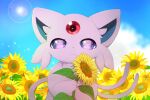  3_fingers :3 ambiguous_gender anthro biped blue_inner_ear bottomless cheek_tuft chest_tuft chibi clothed clothing cloud colored day detailed_background digital_media_(artwork) eeveelution espeon facial_tuft felid feline fingers flower flower_field forehead_gem forked_tail front_view fur glistening glistening_eyes half-length_portrait hi_res hirochanu holding_flower holding_object holding_plant holding_sunflower kemono looking_at_viewer mammal monotone_body monotone_ears monotone_fur monotone_tail nintendo nude outside paws pink_body pink_ears pink_fur pink_tail plant pok&eacute;mon pok&eacute;mon_(species) portrait pupils purple_eyes purple_pupils semi-anthro shaded sky solo standing sun sunflower topless tuft unusual_anatomy unusual_tail video_games 