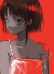 1girl bags_under_eyes bare_shoulders camisole collarbone empty_eyes expressionless eye_reflection eyebrows_visible_through_hair flat_chest hair_ornament highres iniooooo iwakura_lain looking_at_viewer parted_lips profile raised_eyebrow red_camisole reflection serial_experiments_lain short_hair sidelocks single_sidelock solo spaghetti_strap strap_slip x_hair_ornament 