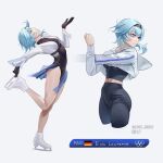  1girl alternate_costume bare_legs black_legwear black_leotard black_shirt blue_hair breasts character_name crop_top cropped_jacket crossed_legs english_text eula_(genshin_impact) figure_skating full_body genshin_impact german_flag highres ice_skates ice_skating instagram_logo jacket legs leotard long_sleeves lu_luu99 midriff olympic_rings olympics pants shirt simple_background skates skating stretch twitter_username underboob undershirt white_background white_jacket yoga_pants 