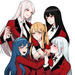  5girls bangs black_hair black_nails black_necktie blonde_hair blue_eyes blue_hair blue_nails blush breasts closed_mouth commission eyebrows_visible_through_hair from_side grey_hair hair_ribbon hairband hanatemari_tsuzura hand_around_neck harem headband hyakkaou_academy_uniform jabami_yumeko jacket juraku_sachiko kakegurui kakegurui_twin kiss kissing_hand kuuky lips long_hair looking_at_another looking_at_viewer medium_breasts momobami_ririka multiple_girls nail_polish necktie open_mouth parted_lips red_eyes red_jacket red_nails ribbon saotome_mary school_uniform shirt smile sweatdrop teeth twintails upper_teeth white_background white_hair white_hairband white_shirt yellow_eyes yuri 