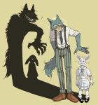  anthro bandage beastars blood bodily_fluids bottomwear canid canine canis clothed clothing disguise_(artist) duo female footwear fully_clothed haru_(beastars) lagomorph legoshi_(beastars) leporid male mammal necktie pants rabbit shoes size_difference wolf 