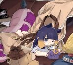  1girl anal_tail asacoco belt blonde_hair blue_eyes blush brown_belt brown_coat bubba_(watson_amelia) coat dragon_tail fake_tail holding holding_magnifying_glass hololive hololive_english long_hair lying magnifying_glass multicolored_hair ninomae_ina&#039;nis on_stomach one_eye_closed purple_hair shirt sidelocks solo streaked_hair tail tako_(ninomae_ina&#039;nis) virtual_youtuber white_shirt yuuyu_(777) 