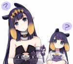  2girls ? bare_shoulders black_dress blonde_hair blush controller detached_sleeves dress dual_persona fur-trimmed_collar game_controller gloves head_tilt holding holding_controller holding_game_controller hololive hololive_english long_hair long_sleeves multicolored_hair multiple_girls ninomae_ina&#039;nis pointy_ears purple_gloves purple_hair shirt simple_background single_detached_sleeve spoken_question_mark strapless strapless_dress streaked_hair tako_(ninomae_ina&#039;nis) upper_body virtual_youtuber white_background white_shirt younger yuuyu_(777) 