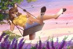  anthro bottomwear breasts brown_body brown_fur cervid chest_tuft clothed clothing cloven_hooves eri_(feral.) female flower fully_clothed fur happy hi_res hooves ketty mammal open_mouth outside plant rope shirt short_tail shorts sitting smile solo swing swinging topwear tree tuft 