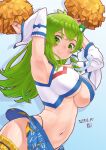  1girl ahoge armpits bangs blue_background blue_skirt breasts cheerleader cleavage closed_mouth cowboy_shot dated detached_sleeves frog_hair_ornament gradient gradient_background green_eyes green_hair hair_ornament holding holding_pom_poms kei_jiei kochiya_sanae large_breasts long_hair looking_at_viewer navel patterned_clothing pom_pom_(cheerleading) shirt skirt smile solo standing touhou white_shirt 