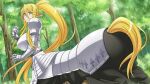  1girl absurdly_long_hair animal_ears armor artist_request blonde_hair blue_eyes blush boobplate breasts centaur centorea_shianus game_cg horse_ears horse_tail huge_breasts long_hair looking_at_viewer looking_back monster_girl monster_musume_no_iru_nichijou monster_musume_no_iru_nichijou_online official_art outdoors plate_armor pointy_ears ponytail solo tail taur tree very_long_hair 