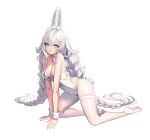  1girl 2v_(joyeong) :o absurdres all_fours animal_ears ass azur_lane bare_shoulders blue_eyes braid breasts cleavage highleg highleg_leotard highres kneeling le_malin_(azur_lane) leotard open_mouth pantyhose playboy_bunny rabbit_ears rabbit_tail skin_tight skindentation small_breasts solo tail thigh_strap thighs twin_braids white_hair white_legwear white_leotard 