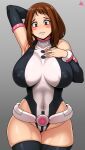  1girl absurdres adapted_costume arm_behind_head arm_up armpits artist_name bangs black_legwear black_leotard blush_stickers boku_no_hero_academia brown_eyes brown_hair commentary covered_collarbone covered_navel covered_nipples cowboy_shot detached_sleeves grey_background groin hand_on_own_chest hand_up highleg highleg_leotard highres jmg leotard looking_at_viewer medium_hair shiny shiny_hair smile solo thick_thighs thighs turtleneck_leotard uraraka_ochako white_leotard wide_hips 