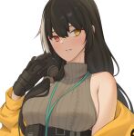  1girl act_(xadachit) ammunition_belt bangs black_gloves black_hair blush brown_sweater eyebrows_visible_through_hair gas_mask girls&#039;_frontline gloves heterochromia holding holding_mask id_card jacket jacket_pull long_hair looking_at_viewer mask multicolored_hair open_mouth red_eyes ro635_(girls&#039;_frontline) solo streaked_hair sweater upper_body white_background yellow_eyes yellow_jacket 