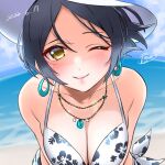  1girl ;) bangs beach bikini blush breasts cleavage collarbone dark_blue_hair floral_print hayami_kanade highres idolmaster idolmaster_cinderella_girls larmen_sennin looking_at_viewer medium_breasts one_eye_closed outdoors parted_bangs short_hair smile solo swimsuit white_bikini white_headwear 