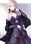  1girl artoria_pendragon_(fate) bare_shoulders braid breasts choker cleavage commentary_request dark_persona detached_sleeves dutch_angle excalibur_morgan_(fate) fate/grand_order fate/stay_night fate_(series) french_braid gothic_lolita halterneck highres lolita_fashion pale_skin pttyr saber_alter shawl small_breasts solo yellow_eyes 