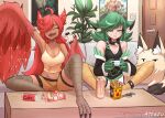  2girls ahoge animal_ear_fluff animal_ears artist_name asekeu bangs bare_shoulders bird_legs black_tank_top blush breasts burger_king can chicken_(food) chips choker cleavage closed_eyes commentary controller couch dark-skinned_female dark_skin english_commentary feathers food green_eyes green_feathers green_wings hair_over_one_eye harpy highres holding holding_controller jimmy_neutron_(series) long_hair marvel medium_breasts midriff monster_energy monster_girl morbius_(film) movie_poster multiple_girls navel open_mouth original plant red_feathers red_wings shorts sitting soda_can spiked_anklet spiked_choker spikes stuffed_toy table talons tank_top very_long_hair white_shorts wings yellow_shorts yellow_tank_top 