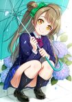  1girl ass bangs black_legwear blue_jacket blush bow bowtie brown_eyes brown_footwear brown_hair closed_mouth collared_shirt eyebrows_visible_through_hair flower full_body green_bow green_umbrella hair_bow highres holding holding_umbrella hydrangea ikeda_yasuhiro jacket leaf loafers long_hair long_sleeves looking_at_viewer love_live! love_live!_school_idol_project minami_kotori miniskirt one_side_up otonokizaka_school_uniform outdoors panties pantyshot plaid plaid_skirt pleated_skirt purple_bow purple_bowtie purple_flower rain red_bow red_bowtie school_uniform shirt shoes skirt smile socks solo squatting striped striped_bow striped_bowtie swept_bangs two-tone_bowtie umbrella underwear uniform water_drop white_panties 