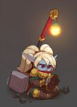  blonde_hair blue_body clothed clothing english_text female hair hammer hi_res huffslove league_of_legends not_furry poppy_(lol) riot_games solo text tools video_games yordle 