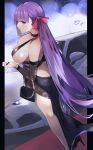  1girl absurdres bangs bare_shoulders bb_(fate) bb_(fate/extra) black_dress blush breasts car dress fate/extra fate/extra_ccc fate_(series) ground_vehicle highres large_breasts long_hair looking_at_viewer motor_vehicle purple_eyes purple_hair red_ribbon ribbon solo tomochi_(tmc_tmc8) 
