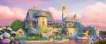  arch awning blurry blurry_foreground boat building chimney cloud door fantasy flower highres no_humans original outdoors river scenery tenca_arts tree twilight water_wheel watercraft windmill window wisteria 