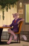  absurd_res anthro as_dusk_falls_a_new_dawn_rises beverage cafe coffee disney fabienne_growley felid feline female hi_res mammal misterfyrryman pantherine plant snow_leopard solo wall_(structure) zootopia 