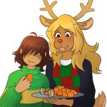  5_fingers alpha_channel anthro antlers blonde_hair blush breasts brown_hair buckteeth capreoline cervid chicken_meat chicken_nugget christmas christmas_clothing christmas_sweater christmas_topwear clothing crumbs dark_humor deltarune duo ear_piercing eating eyewear female fingers food freckles glasses grey_eyes hair happy hi_res holidays horn human kris_(deltarune) long_hair male male/female mammal mcribb_y meat messy_hair morbid natural_breasts noelle_holiday oh_no pattern_clothing pattern_shirt pattern_topwear piercing plate red_nose reindeer scut_tail shirt short_hair short_tail shorter_male simple_background size_difference smile snowgrave striped_clothing striped_shirt striped_topwear stripes sweater sweater_vest taller_female teeth topwear transparent_background turtleneck_sweater undertale_(series) vest video_games 