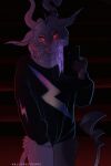  2020 24884_(hallowedgears) android anthro asymmetrical_horns blue_pupils claws clothed clothing curled_horns digital_media_(artwork) drude ears_outwards english_text front_view hair hallowedgears hi_res holding_object holding_phone horn light lightning_bolt long_sleeves looking_at_object looking_at_phone machine male perjury_(hallowedgears) phone pivoted_ears pulling_clothing pupils red_eyes robot scales scalie shaded signature simple_background solo spiked_tail spikes spikes_(anatomy) text trans_(lore) white_body white_hair 