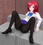  1girl bad_id bad_pixiv_id black_legwear blue_bow blue_bowtie blue_skirt bow bowtie brick_wall female_pubic_hair highres love_live! love_live!_school_idol_project nishikino_maki no_panties otonokizaka_school_uniform pantyhose pee pee_stain peeing peeing_self pickles_(user_kcap3843) plaid plaid_skirt pleated_skirt pubic_hair purple_eyes red_hair school_uniform see-through shoes skirt smile solo striped striped_bow striped_bowtie 