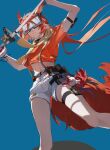  1girl animal_ears arknights arm_strap blue_background chinese_commentary commentary_request crop_top feet_out_of_frame flametail_(arknights) flametail_(sport_for_all)_(arknights) head-mounted_display highres holding holding_sword holding_weapon large_tail midriff navel orange_hair orange_shirt shirt short_shorts short_sleeves shorts simple_background solo standing stomach suspenders sword tail thigh_strap thighs tied_shirt weapon white_shorts zhishihua 