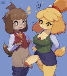  2022 absurd_res animal_crossing anthro balls bottomwear bottomwear_down breasts brother brother_and_sister canid canine canis cleavage clothed clothing crossgender digby_(animal_crossing) digital_media_(artwork) domestic_dog duo emanata foreskin ftg_crossgender fti_crossgender genitals gynomorph hi_res honeycalamari humanoid_genitalia humanoid_penis intersex isabelle_(animal_crossing) male mammal nintendo open_mouth pants pants_down partially_clothed penis penis_size_difference shih_tzu sibling simple_background sister toy_dog video_games 