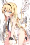  1girl absurdres angel angel_wings barefoot blonde_hair blue_eyes blush breasts feathered_wings highres long_hair looking_at_viewer necktie original restrained simple_background solo toshizou_(0714) white_wings wings 