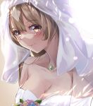  absurdres alternate_costume blush breasts bridal_veil brown_hair cleavage closed_mouth collarbone dress highres jewelry medium_breasts nayuta0603 necklace portrait satono_diamond_(umamusume) simple_background umamusume veil wedding wedding_dress white_background yellow_eyes 