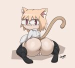  :3 animal_humanoid anus big_breasts big_butt bottomless breasts brown_eyes butt cat_humanoid clothed clothing felid felid_humanoid feline feline_humanoid female footwear genitals hair hi_res huge_butt humanoid inner_ear_fluff joaoppereiraus knee_highs knee_socks kneeling legwear looking_at_viewer looking_back mammal mammal_humanoid neco-arc nipple_outline pussy shirt smile socks solo tan_hair topwear tuft white_body white_skin 