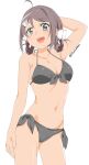  1girl absurdres ahoge bikini black_bikini braid breasts brown_hair chougei_(kancolle) cleavage cowboy_shot front-tie_top grey_eyes hair_rings highres kantai_collection long_hair maonatten medium_breasts one-hour_drawing_challenge ribbon side-tie_bikini simple_background smile solo standing swimsuit twin_braids white_background white_ribbon 