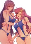  2girls ;d bangs bare_arms blue_swimsuit blunt_bangs breasts cleavage collarbone crescent crescent_earrings earrings floating_hair gundam gundam_seed gundam_zz hair_ornament highres jewelry lacus_clyne large_breasts long_hair multiple_girls navel one_eye_closed open_mouth otenki93 pink_hair purple_eyes purple_hair red_eyes roux_louka shiny shiny_hair shiny_skin sidelocks simple_background smile standing star_(symbol) star_hair_ornament swimsuit thigh_gap underboob very_long_hair white_background 