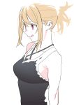  1girl :q bangs bare_shoulders black_tank_top breasts commentary_request henken highres lips medium_breasts original red_eyes short_ponytail sidelocks sienna_(henken) simple_background solo tank_top tongue tongue_out upper_body white_background 