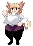  :3 animal_humanoid big_breasts blonde_hair bottomwear breasts cat_humanoid clothing felid felid_humanoid feline feline_humanoid female hair hi_res huge_breasts humanoid inner_ear_fluff leggings legwear lewd_dorky looking_at_viewer mammal mammal_humanoid neco-arc shirt simple_background skirt smile solo thick_thighs topwear tuft white_body white_skin wide_hips 
