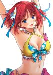  1girl :d armpits arms_up bangs bikini blue_eyes blue_ribbon blunt_bangs blush breasts butterfly_hair_ornament cleavage collarbone eyebrows_behind_hair floral_print frilled_bikini frills go-toubun_no_hanayome hair_ornament highres large_breasts looking_at_viewer memidesuyo nakano_nino navel pink_hair raised_eyebrows ribbon simple_background smile stomach swimsuit twintails white_background yellow_bikini 