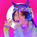  1girl alternate_costume animal_ears artist_request asirpa bandana black_hair blue_eyes blue_nails brain contemporary eating eyebrows_visible_through_hair fangs fingernails flame_print golden_kamuy hair_between_eyes hand_on_own_face headphones highres holding holding_spoon jewelry long_fingernails long_hair long_sleeves looking_at_viewer off_shoulder open_mouth pin pink_background ring signature smiley_face solo spoon sticker_on_face 