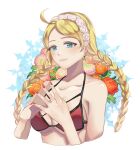  1girl absurdres ahoge alternate_costume bangs bare_shoulders blonde_hair blue_eyes braid breasts closed_mouth commission commissioner_upload fire_emblem fire_emblem_fates flower hairband highres lapislazulite long_hair medium_breasts nail_polish nina_(fire_emblem) non-web_source red_nails swimsuit twin_braids 