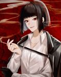  1girl black_coat black_gloves black_hair cigarette coat coat_on_shoulders gloves highres limbus_company looking_at_viewer open_mouth project_moon red_background red_eyes ryoshu sabayu_05 shirt short_hair single_glove smile smoke white_shirt 