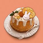  animal_print bunny_print cake commentary english_commentary food food_focus fork fruit highres kellylianneart no_humans orange_(fruit) orange_slice original plate pound_cake simple_background 