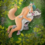  anthro black-buck_(artist) bodily_fluids canid canine canis coyote cum duo felid fur genital_fluids grass hi_res lion male male/male mammal outside pantherine plant sunny tree 
