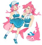  1girl absurdres blue_footwear blush braid fish_tail freckles full_body highres kneehighs long_hair looking_at_viewer open_mouth original pink_eyes pink_hair shark_girl shark_tail sharp_teeth single_braid sketch smile solo sui_(suizilla) tail teeth white_legwear 