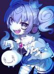  1girl ascot bags_under_eyes black_ascot blue_hair cape colored_skin frilled_sleeves frills fur_collar fur_trim ghost headphones headphones_removed highres ketopon living_clothes looking_at_viewer open_mouth original puffy_short_sleeves puffy_sleeves purple_background purple_eyes sharp_teeth short_sleeves solo teeth twintails upper_body white_skin 