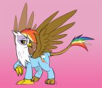  2013 avian beak brown_body brown_feathers clothing cosplay costume digital_media_(artwork) feathered_wings feathers female feral friendship_is_magic gilda_(mlp) gryphon hasbro long_tail my_little_pony mythological_avian mythology papercutpony pink_background rainbow_dash_(mlp) simple_background smile solo stitch_(sewing) white_body white_feathers wings yellow_beak yellow_eyes 